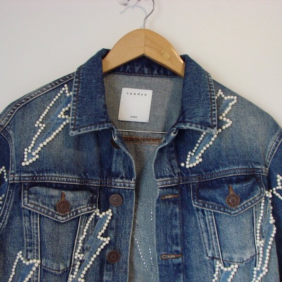 Sandro Denim Jean Jacket Pearl Embellished Lightning Bolt Size 42 FR or 10 - Picture 4 of 16